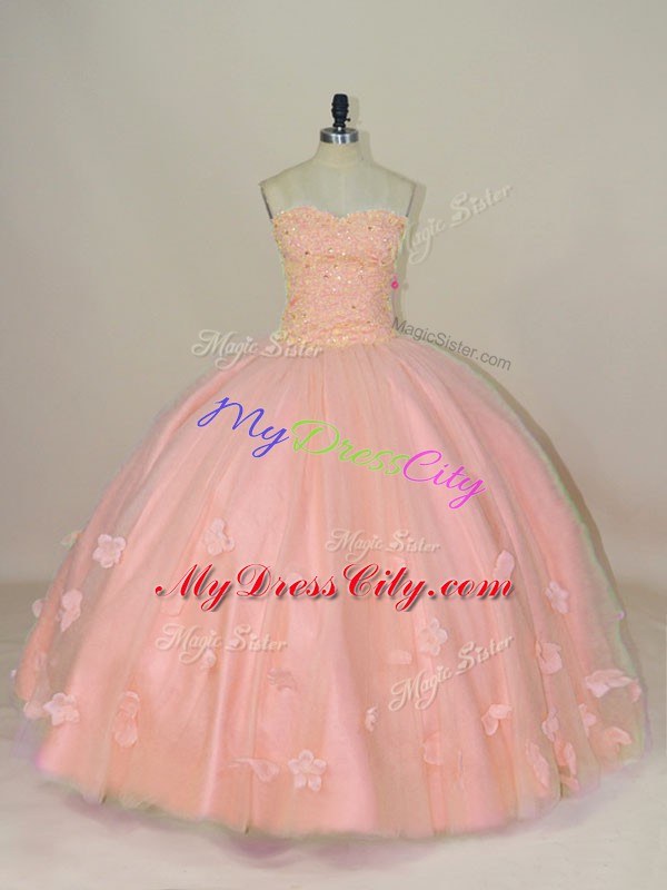 Hot Sale Sweetheart Sleeveless Sweet 16 Quinceanera Dress Floor Length Hand Made Flower Pink Tulle