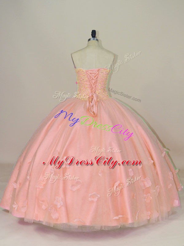 Hot Sale Sweetheart Sleeveless Sweet 16 Quinceanera Dress Floor Length Hand Made Flower Pink Tulle