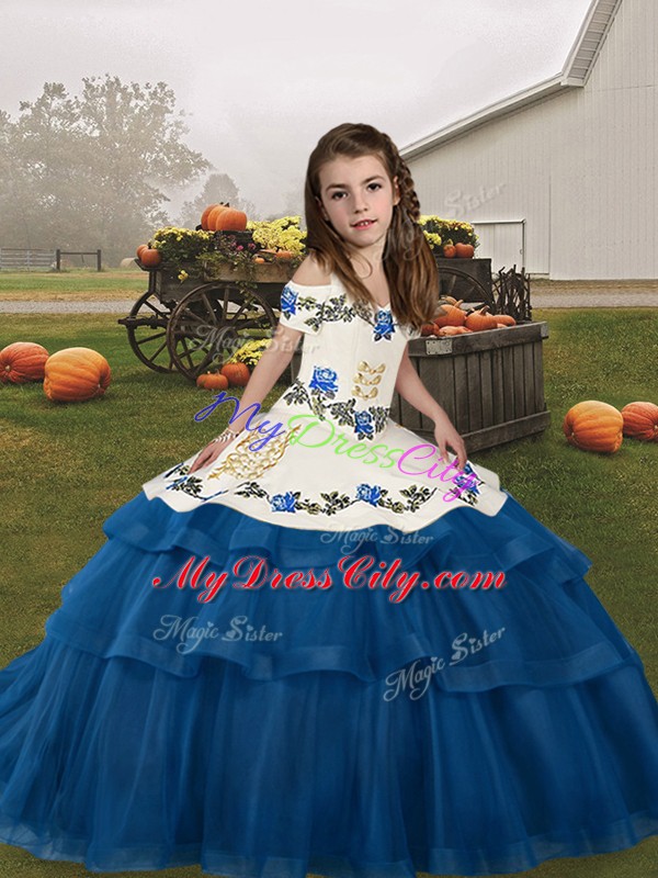 Amazing Blue Ball Gowns Embroidery and Ruffled Layers Kids Formal Wear Lace Up Tulle Sleeveless Floor Length