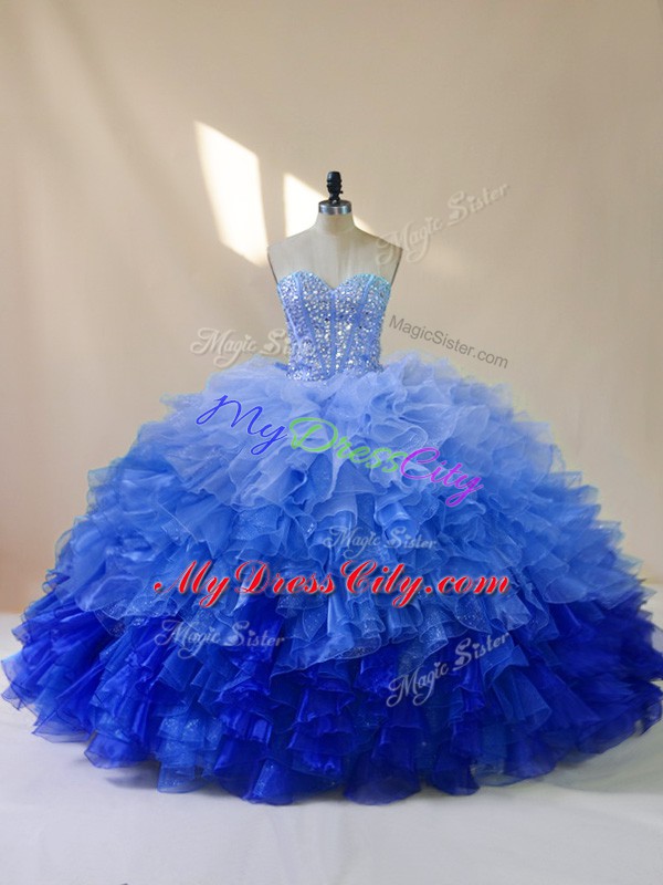 Luxury Sweetheart Sleeveless Quinceanera Dresses Floor Length Beading and Ruffles Multi-color Organza