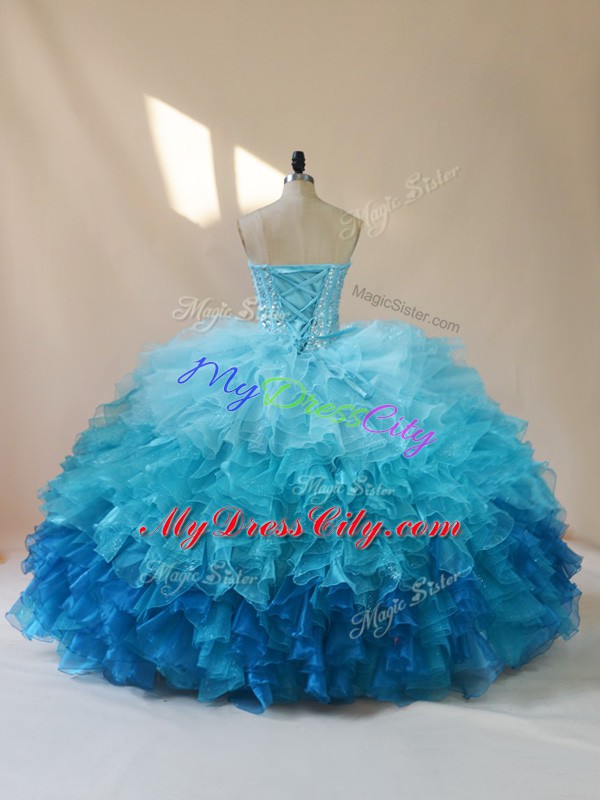 Luxury Sweetheart Sleeveless Quinceanera Dresses Floor Length Beading and Ruffles Multi-color Organza