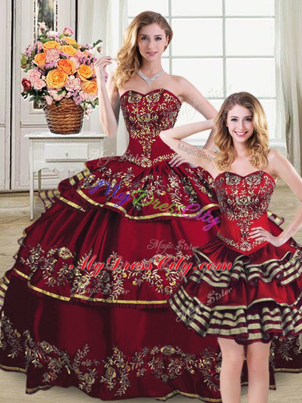 On Sale Floor Length Lace Up 15th Birthday Dress Wine Red for Sweet 16 and Quinceanera with Embroidery and Ruffled Layers