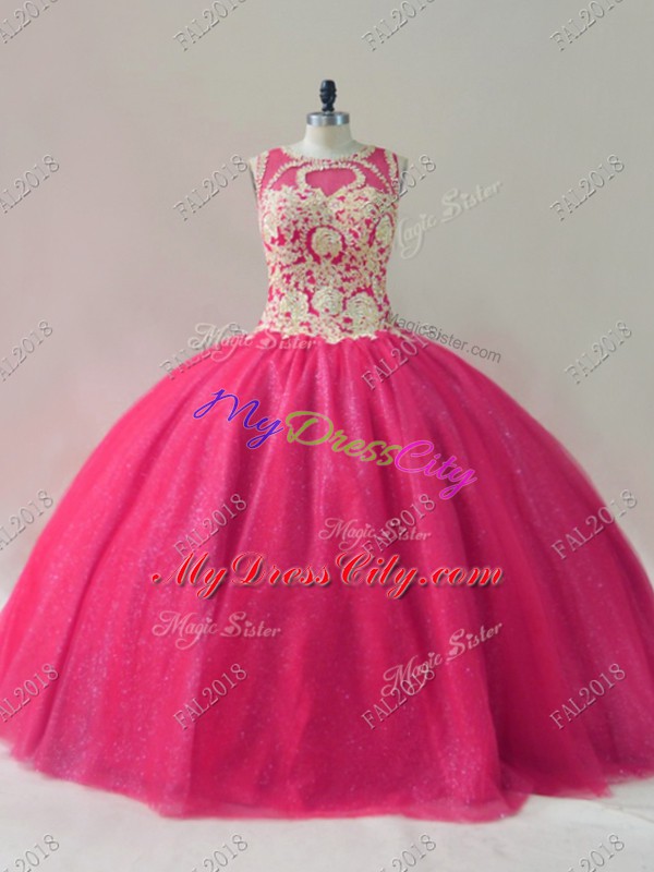 High End Hot Pink Sleeveless Beading Floor Length 15th Birthday Dress