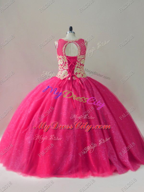 High End Hot Pink Sleeveless Beading Floor Length 15th Birthday Dress