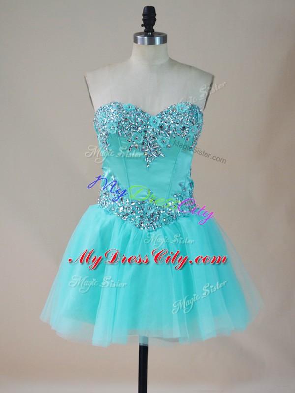 Gorgeous Aqua Blue A-line Tulle Sweetheart Sleeveless Beading Mini Length Lace Up Prom Party Dress