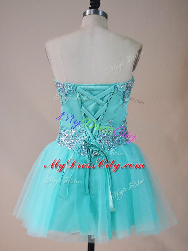 Gorgeous Aqua Blue A-line Tulle Sweetheart Sleeveless Beading Mini Length Lace Up Prom Party Dress