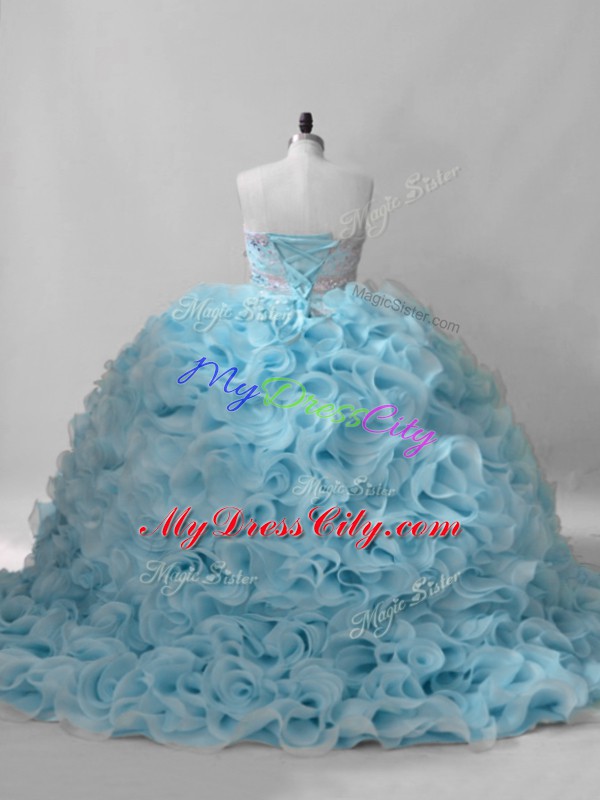 Lace Up Quinceanera Dresses Baby Blue for Sweet 16 and Quinceanera with Beading Brush Train