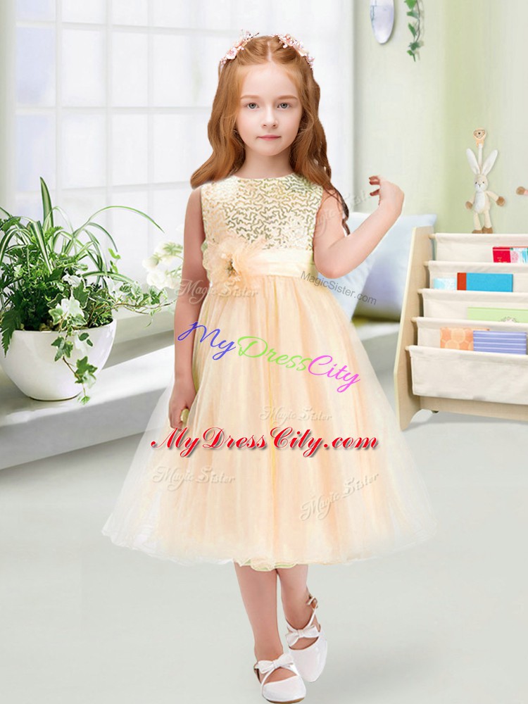 High Class Champagne Empire Sequins and Hand Made Flower Toddler Flower Girl Dress Zipper Organza Sleeveless Tea Length