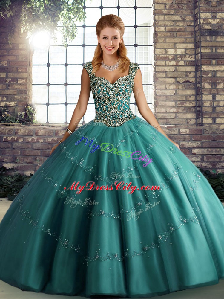 Noble Teal Ball Gowns Tulle Straps Sleeveless Beading and Appliques Floor Length Lace Up Sweet 16 Dresses