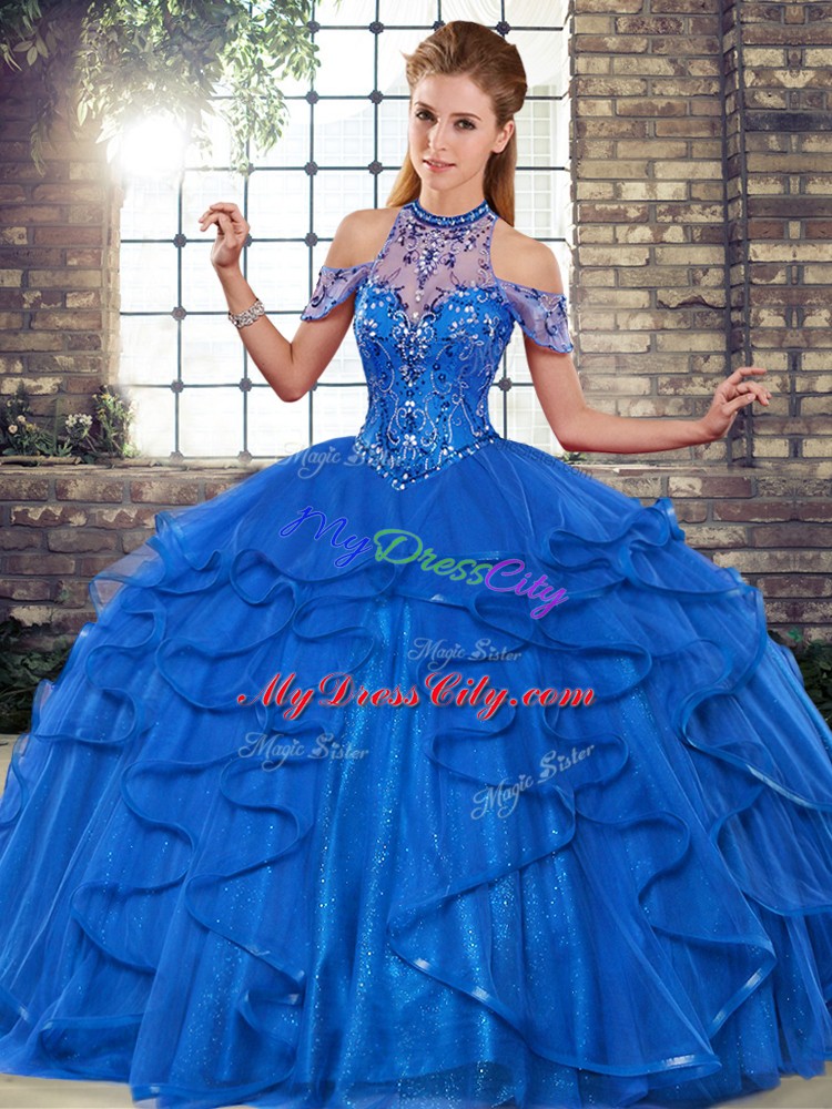 Wonderful Sleeveless Tulle Floor Length Lace Up Quinceanera Dress in Royal Blue with Beading and Ruffles