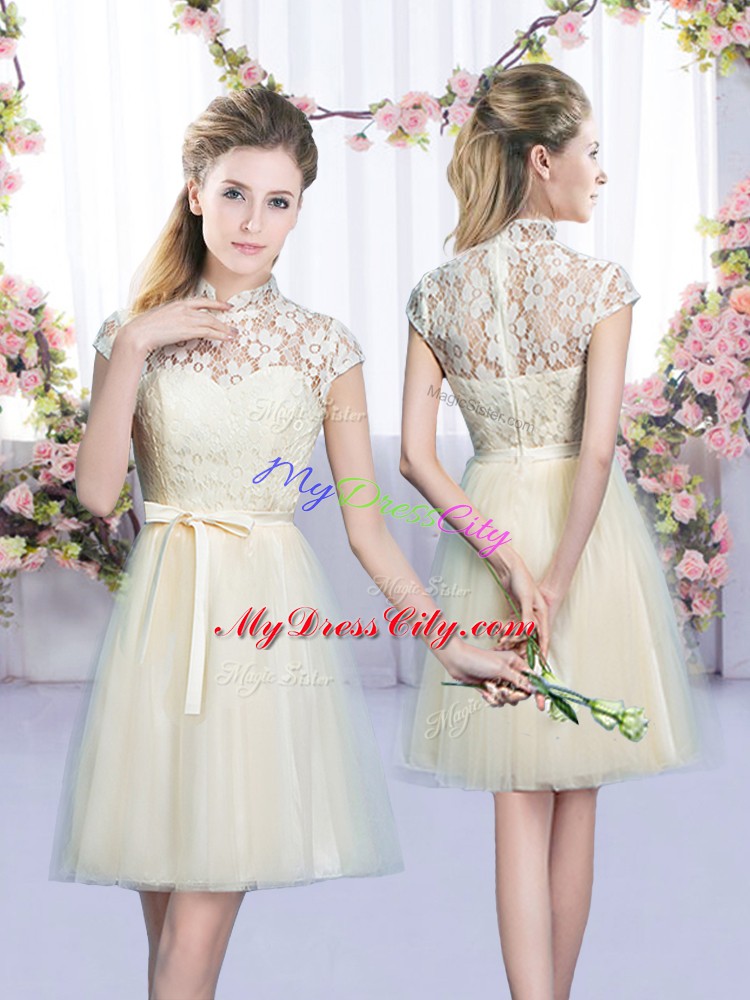 Champagne Empire High-neck Cap Sleeves Tulle Mini Length Lace Up Lace and Bowknot Quinceanera Dama Dress