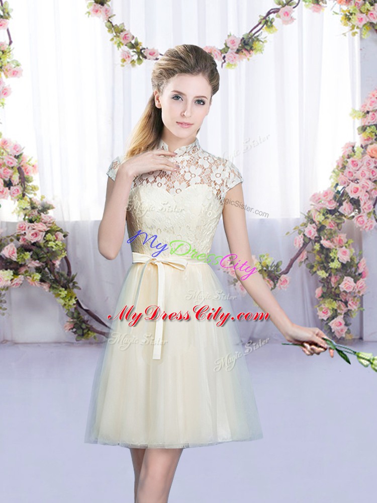 Champagne Empire High-neck Cap Sleeves Tulle Mini Length Lace Up Lace and Bowknot Quinceanera Dama Dress