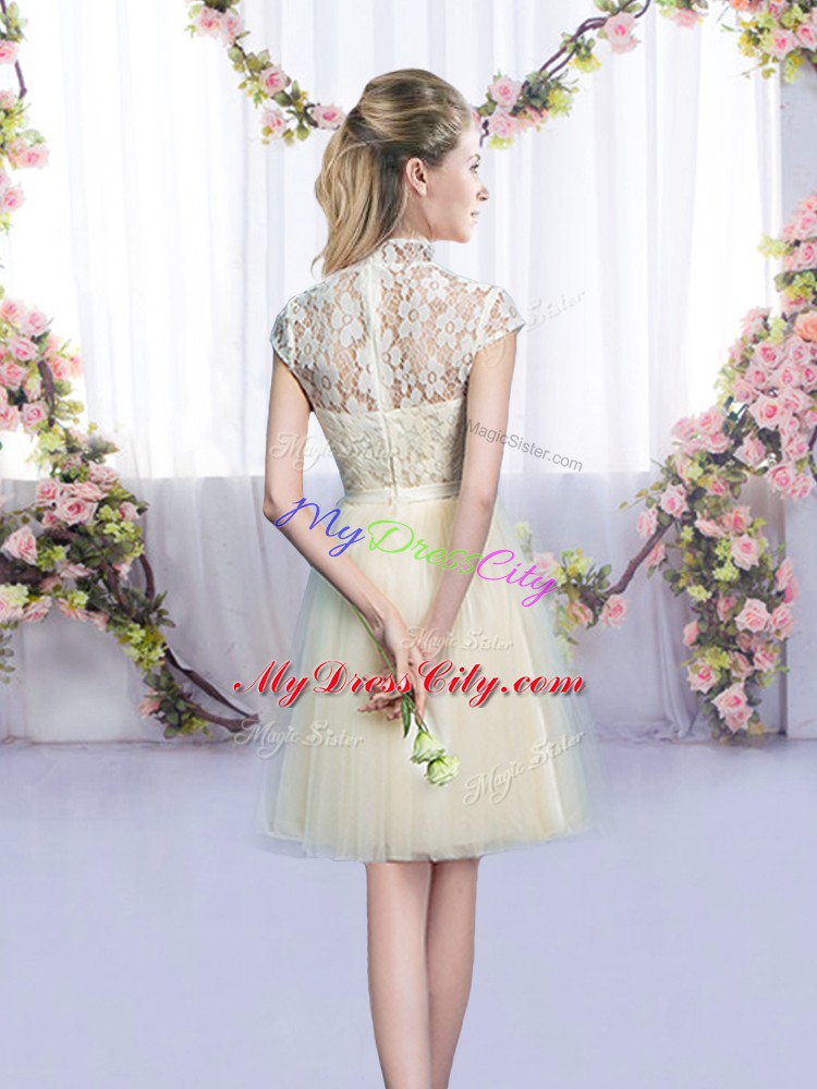 Champagne Empire High-neck Cap Sleeves Tulle Mini Length Lace Up Lace and Bowknot Quinceanera Dama Dress