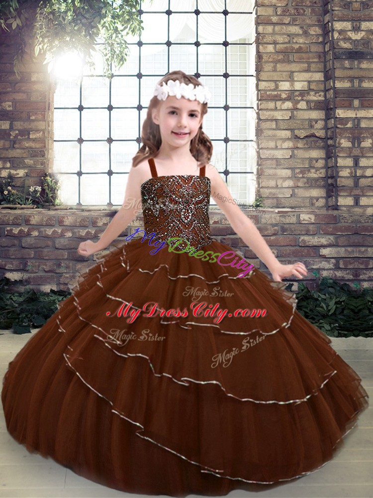 Ball Gowns Pageant Dress Womens Brown Straps Tulle Sleeveless Floor Length Lace Up