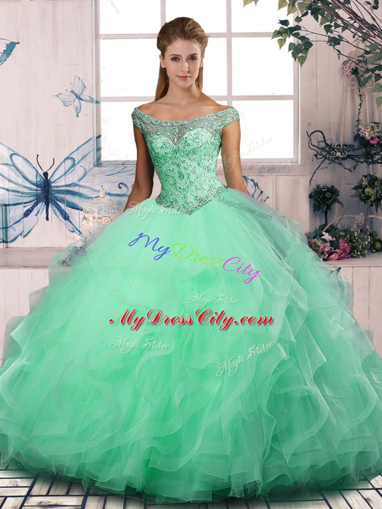 Off The Shoulder Sleeveless Lace Up Quince Ball Gowns Apple Green Tulle