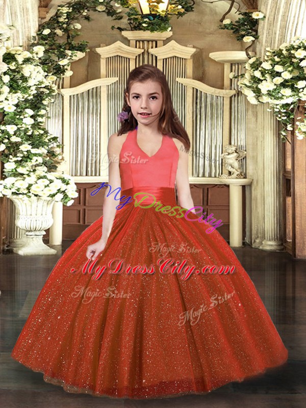 On Sale Halter Top Sleeveless Child Pageant Dress Floor Length Ruching Rust Red Tulle