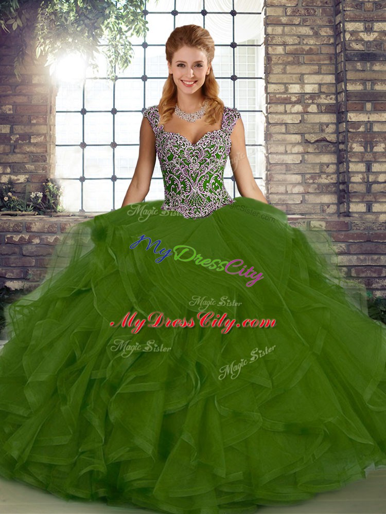 Custom Fit Olive Green Lace Up Straps Beading and Ruffles Quinceanera Dress Tulle Sleeveless