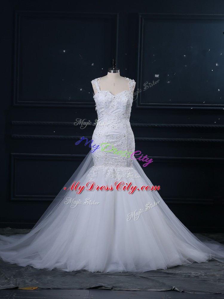 White Tulle Side Zipper Straps Sleeveless Wedding Dresses Brush Train Lace