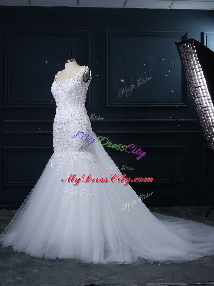 White Tulle Side Zipper Straps Sleeveless Wedding Dresses Brush Train Lace