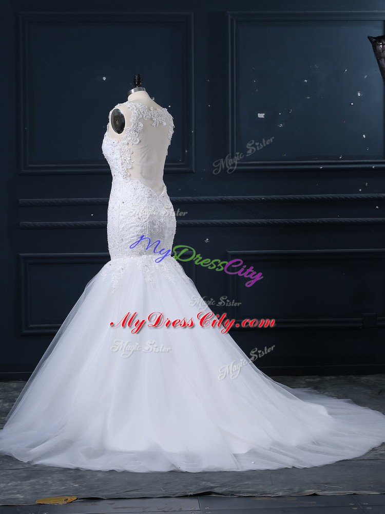 White Tulle Side Zipper Straps Sleeveless Wedding Dresses Brush Train Lace