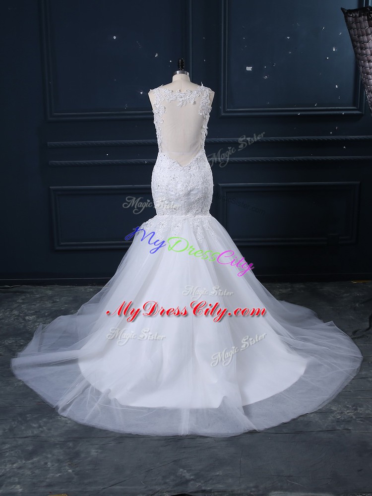 White Tulle Side Zipper Straps Sleeveless Wedding Dresses Brush Train Lace