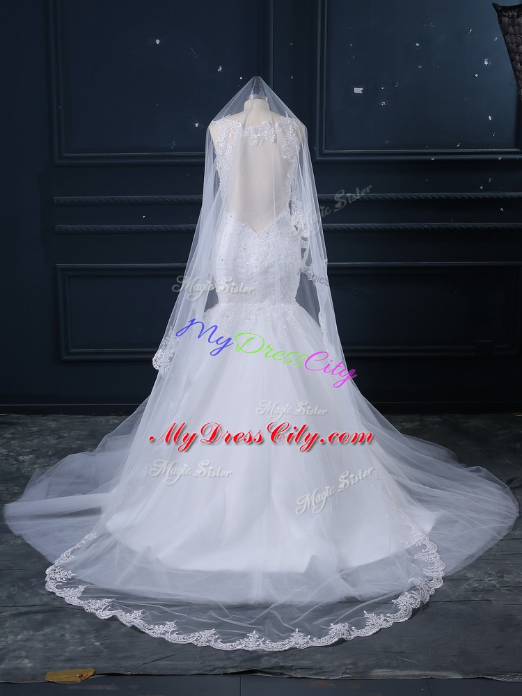 White Tulle Side Zipper Straps Sleeveless Wedding Dresses Brush Train Lace