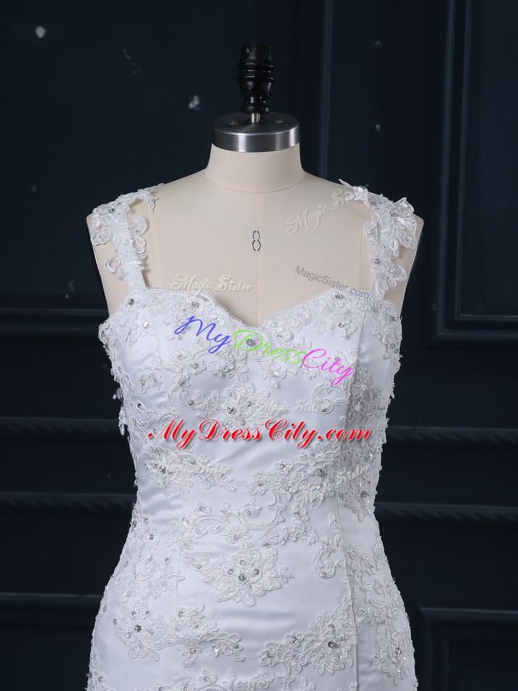 White Tulle Side Zipper Straps Sleeveless Wedding Dresses Brush Train Lace