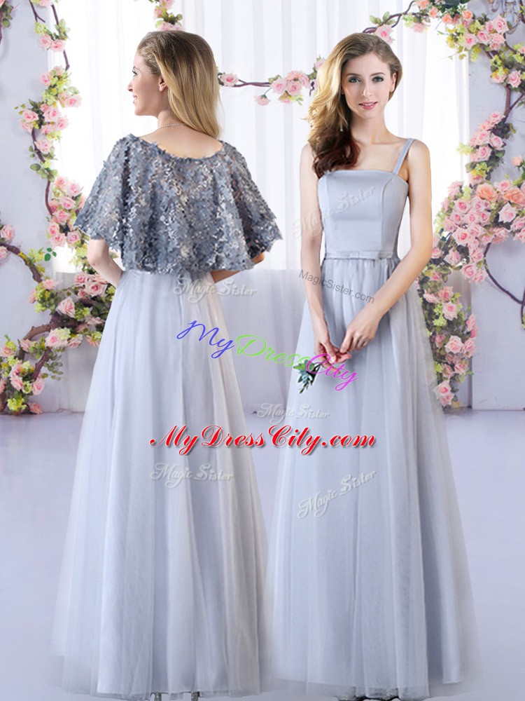 Top Selling Sleeveless Floor Length Appliques Lace Up Quinceanera Court of Honor Dress with Grey