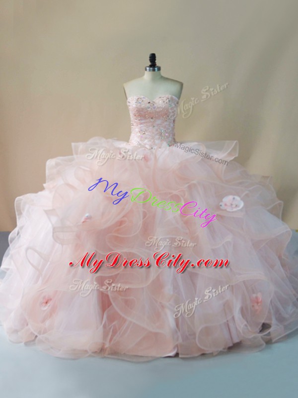 Dazzling Ball Gowns Sleeveless Pink Quinceanera Gown Brush Train Lace Up