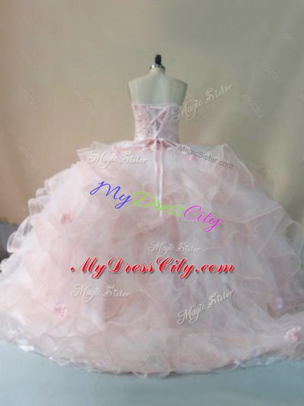 Dazzling Ball Gowns Sleeveless Pink Quinceanera Gown Brush Train Lace Up