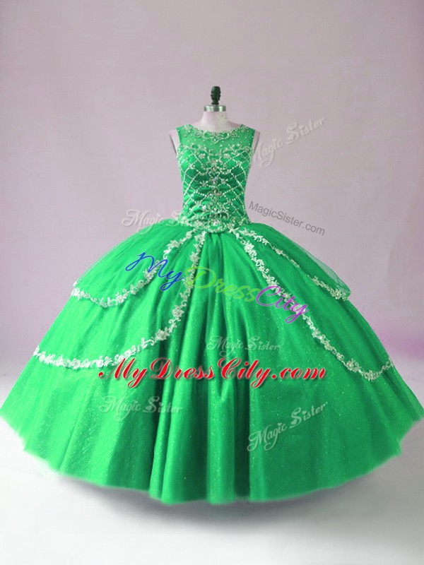 Charming Floor Length Zipper Ball Gown Prom Dress Green for Sweet 16 and Quinceanera with Beading