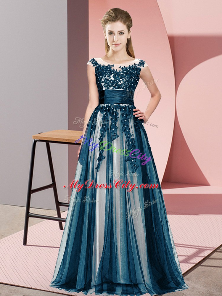 Navy Blue Sleeveless Beading and Lace Floor Length Bridesmaid Dress