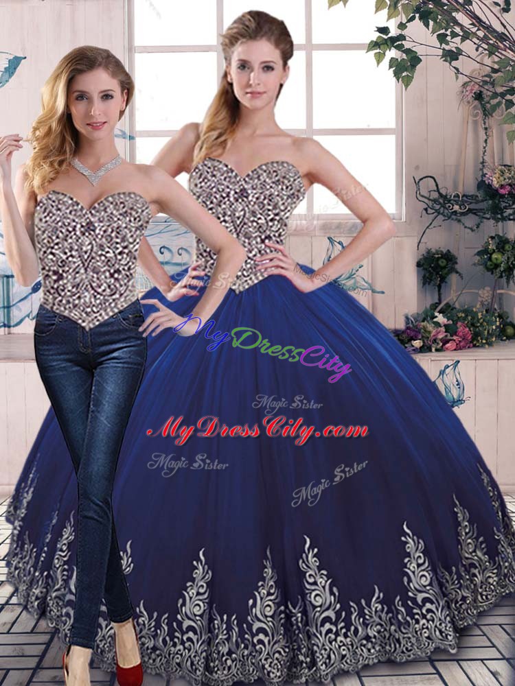 Sleeveless Floor Length Beading and Embroidery Lace Up Sweet 16 Dresses with Royal Blue