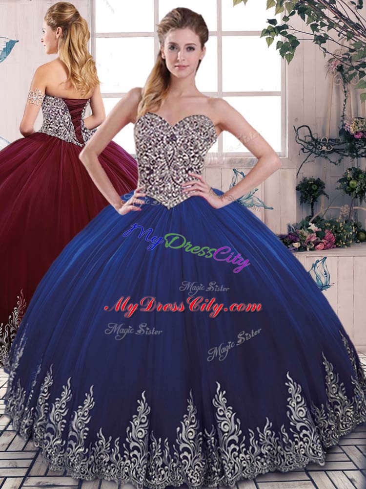 Sleeveless Floor Length Beading and Embroidery Lace Up Sweet 16 Dresses with Royal Blue