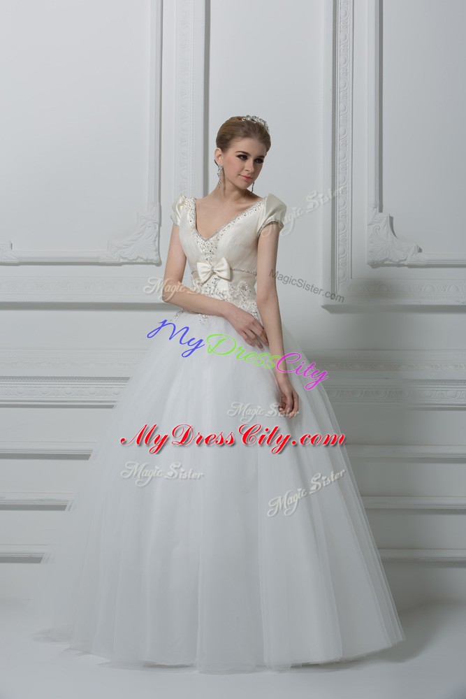 Super Floor Length Ball Gowns Short Sleeves White Wedding Gown Lace Up