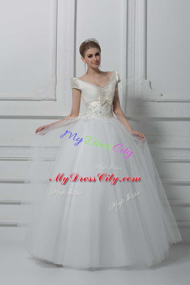 Super Floor Length Ball Gowns Short Sleeves White Wedding Gown Lace Up