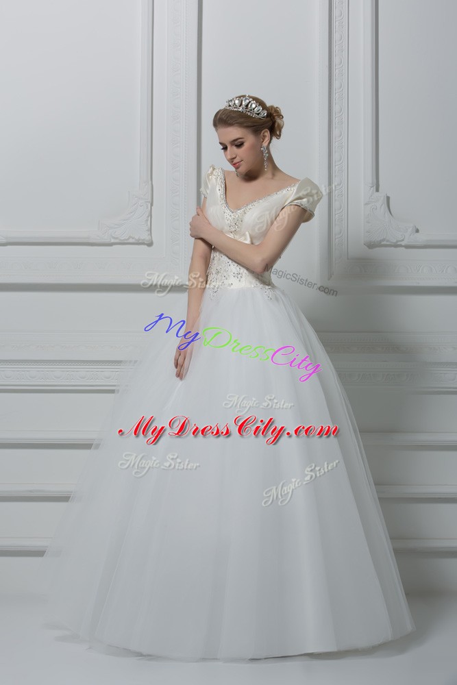 Super Floor Length Ball Gowns Short Sleeves White Wedding Gown Lace Up