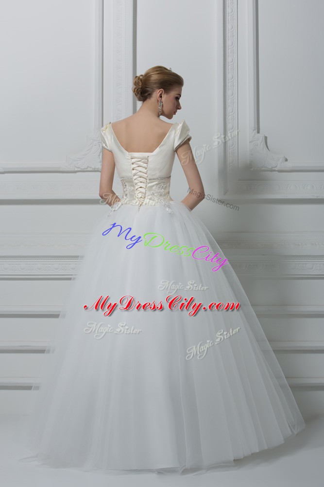 Super Floor Length Ball Gowns Short Sleeves White Wedding Gown Lace Up