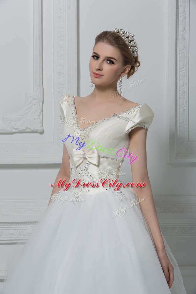 Super Floor Length Ball Gowns Short Sleeves White Wedding Gown Lace Up