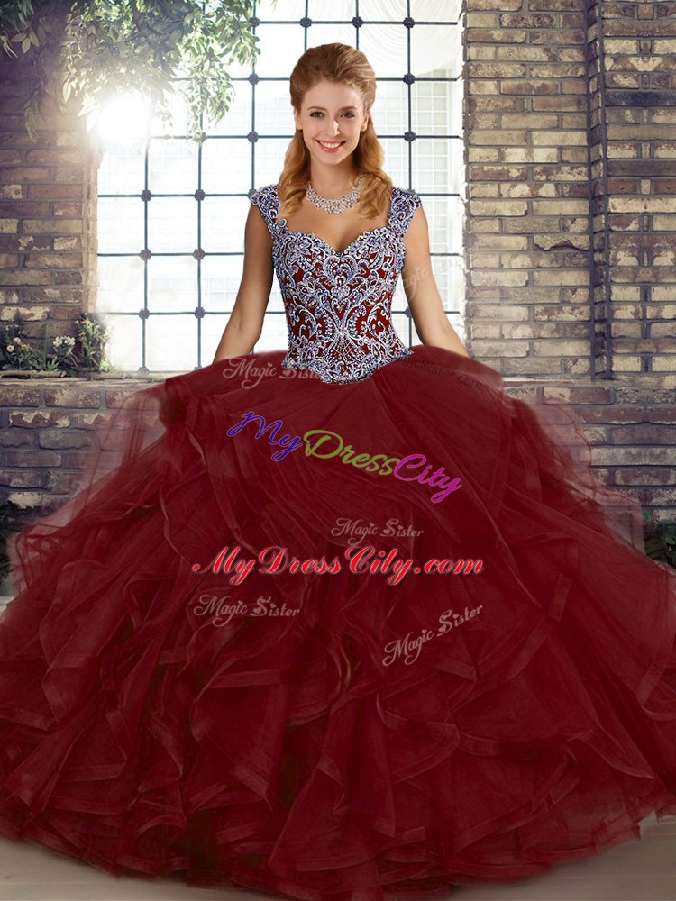 Stunning Straps Sleeveless Tulle Sweet 16 Dresses Beading and Ruffles Lace Up