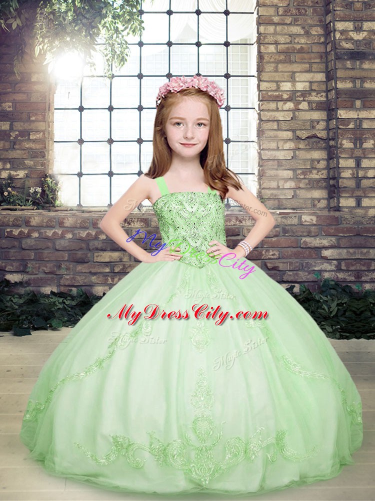 Custom Made Yellow Green Tulle Lace Up Straps Sleeveless Floor Length Child Pageant Dress Beading