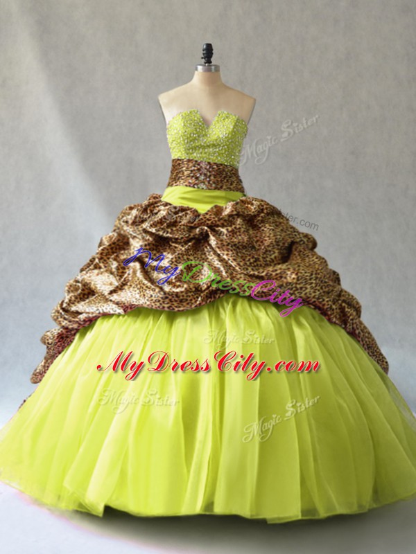 Sleeveless Beading Lace Up Quinceanera Gowns with Yellow Green Brush Train