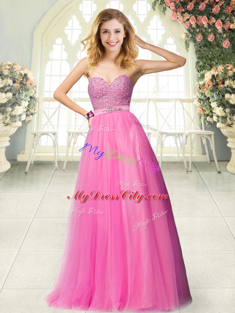 Hot Pink A-line Tulle Sweetheart Sleeveless Beading Floor Length Zipper Dress for Prom