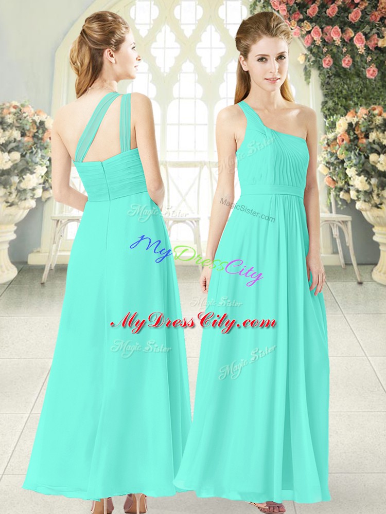 On Sale Aqua Blue Empire One Shoulder Sleeveless Chiffon Ankle Length Zipper Ruching Homecoming Dress