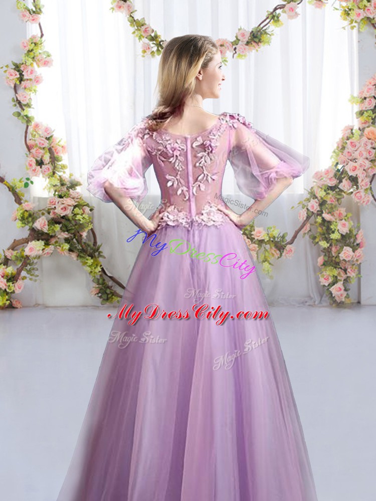 Fantastic Lavender A-line Appliques Quinceanera Court Dresses Zipper Tulle Half Sleeves Floor Length