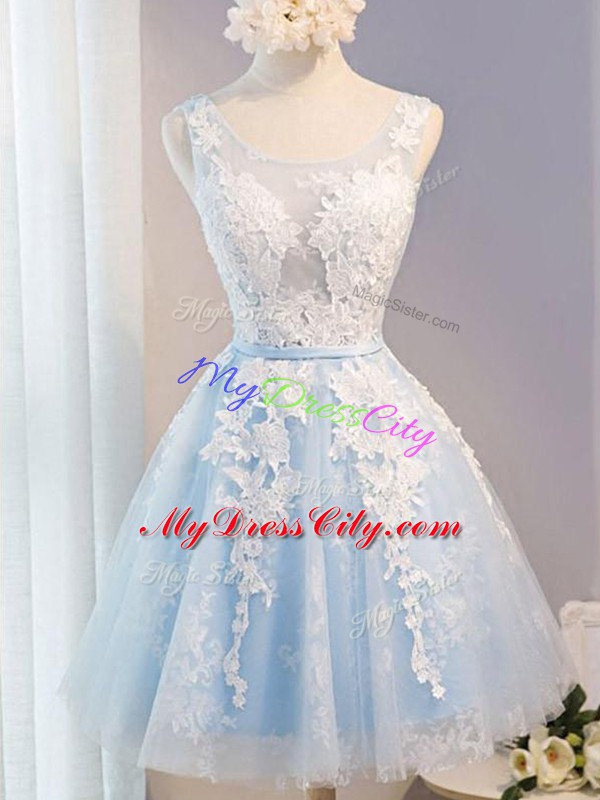 Colorful Baby Blue A-line Appliques and Belt Dress for Prom Lace Up Tulle Sleeveless Knee Length