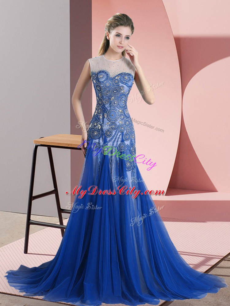 Royal Blue Backless Scoop Beading and Appliques Prom Evening Gown Tulle Sleeveless Brush Train