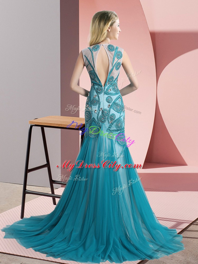 Royal Blue Backless Scoop Beading and Appliques Prom Evening Gown Tulle Sleeveless Brush Train