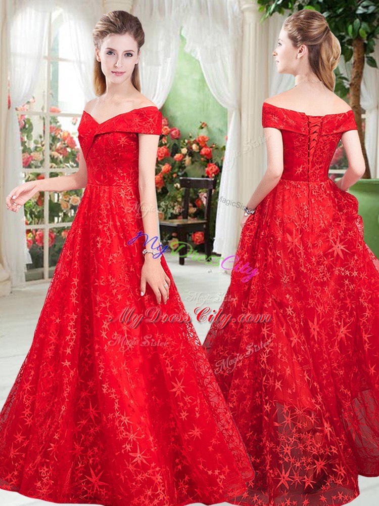 Popular Sleeveless Lace Floor Length Lace Up Prom Dress in Red with Beading