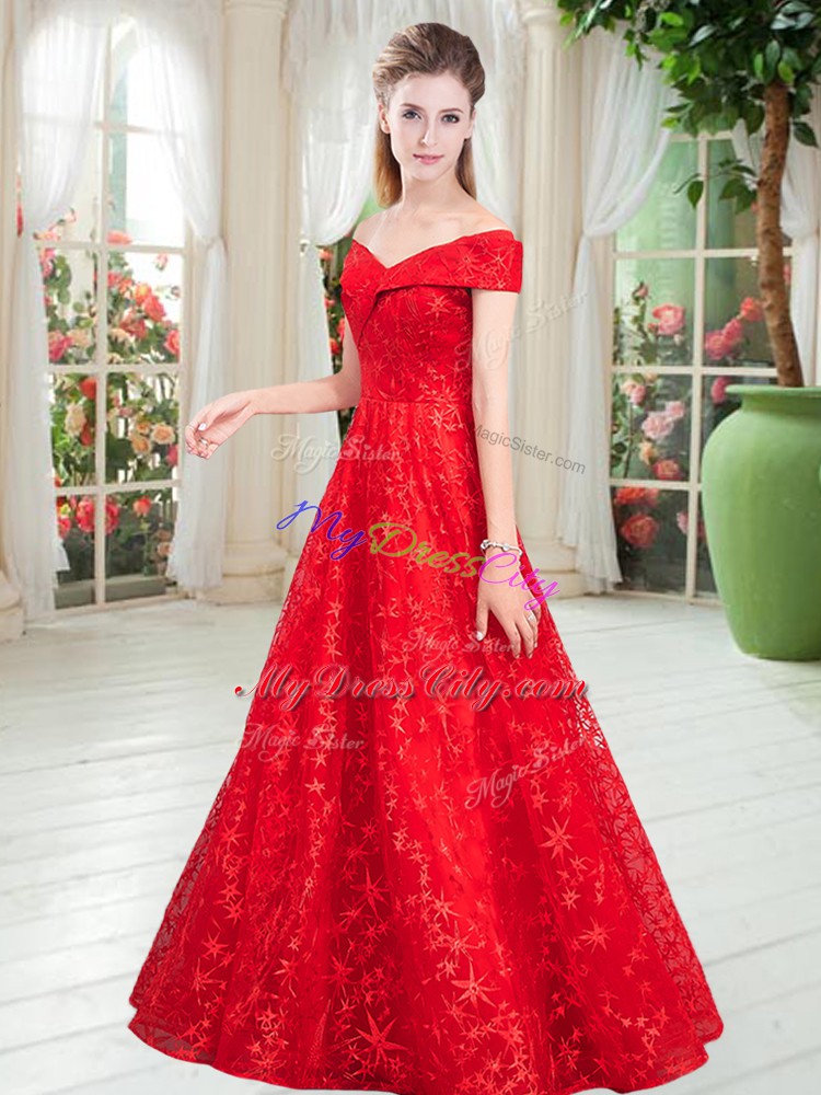 Popular Sleeveless Lace Floor Length Lace Up Prom Dress in Red with Beading